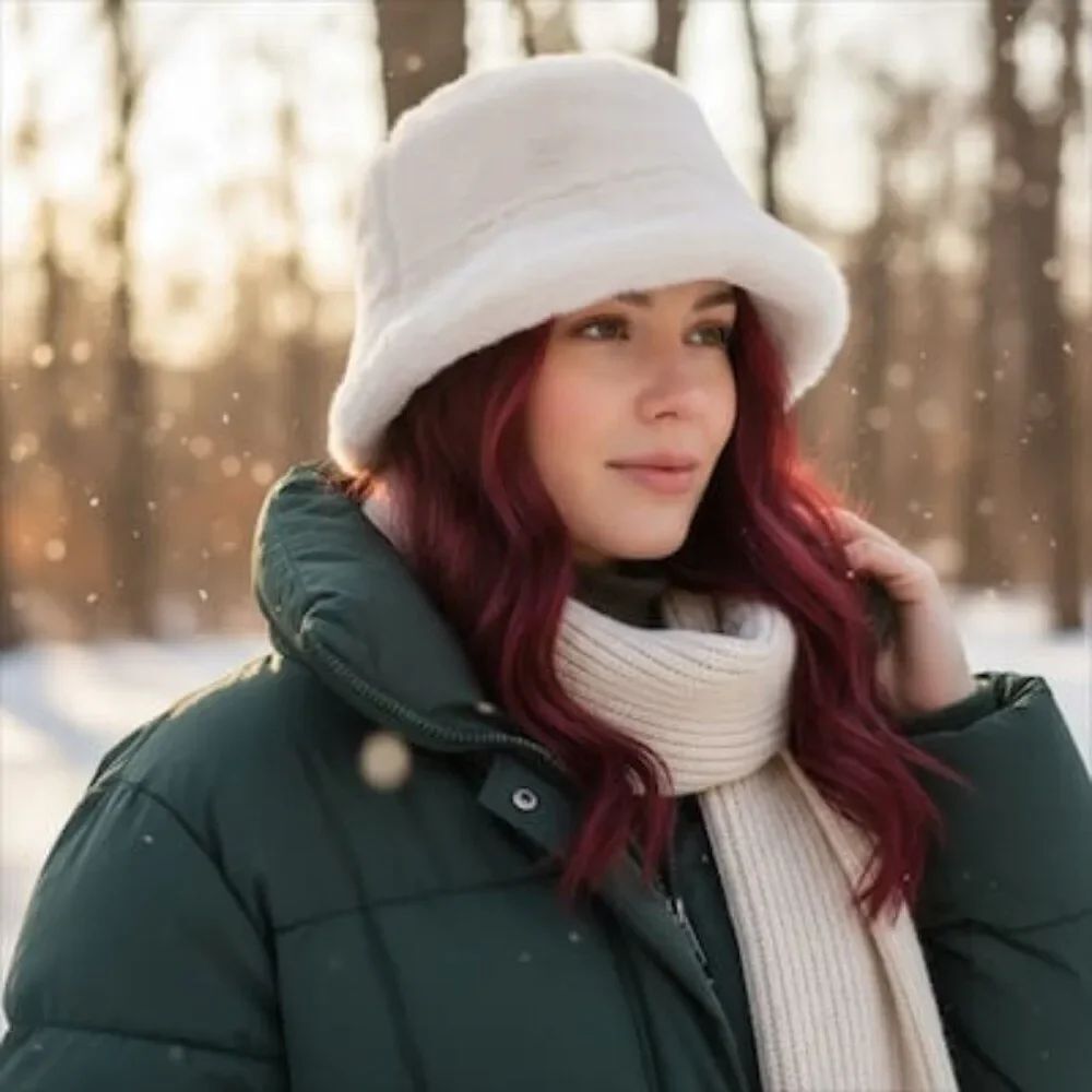 Women's Soft Faux Fur Winter Bucket Hat | Reversible 2-Way Style (White) NWT